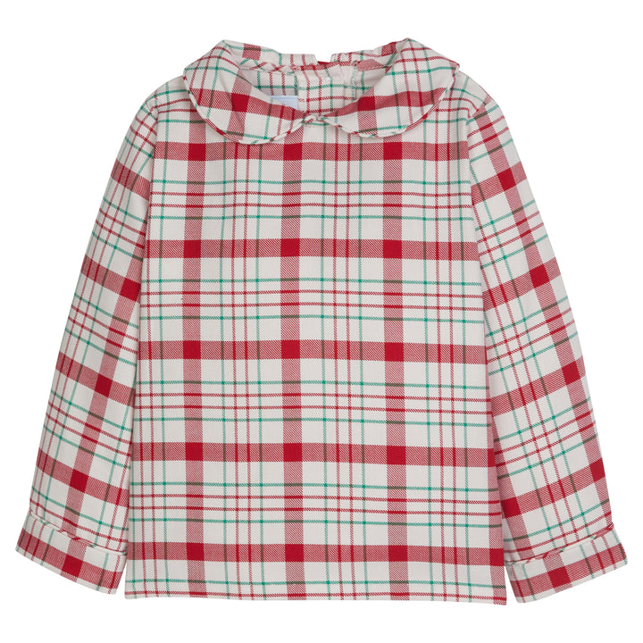 Little English classic children's clothing, little boy's holiday plaid traditional peter pan collar shirt