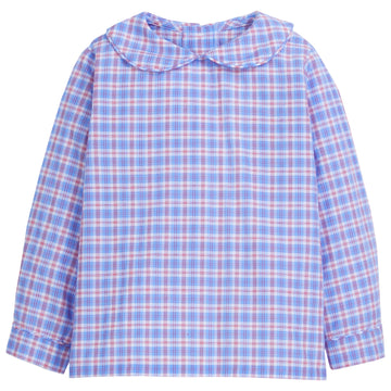 little english classic childrens clothing boys blue and red plaid shirt with peter pan collar