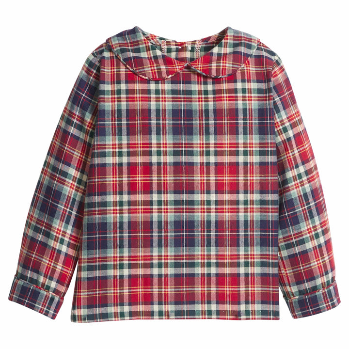 little english classic children's clothing boys long sleeve peter pan collared shirt in a deep red an navy plaid for holiday 