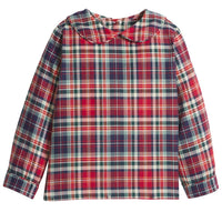 little english classic children's clothing boys long sleeve peter pan collared shirt in a deep red an navy plaid for holiday 