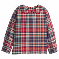 little english classic children's clothing boys long sleeve peter pan collared shirt in a deep red an navy plaid for holiday 