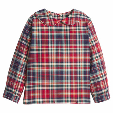 little english classic children's clothing boys long sleeve peter pan collared shirt in a deep red an navy plaid for holiday 