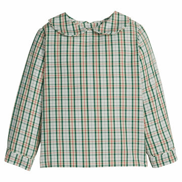 little english classic children's clothing boys long sleeve peter pan collared shirt in a cream, red, and green plaid for holiday 