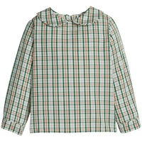 little english classic children's clothing boys long sleeve peter pan collared shirt in a cream, red, and green plaid for holiday 