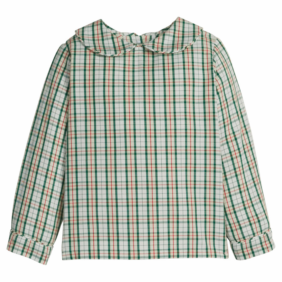 little english classic children's clothing boys long sleeve peter pan collared shirt in a cream, red, and green plaid for holiday 