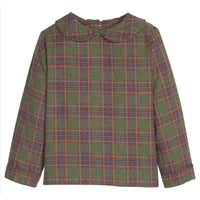 Little English traditional children's clothing.  Olive, maroon, and blue Thornhill Plaid peter pan shirt for toddler boys