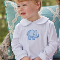 Little English classic childrens clothing toddler boys light blue set with applique blue elephant on shirt and a peter pan collar