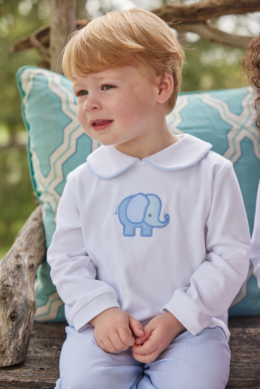 Little English classic childrens clothing toddler boys light blue set with applique blue elephant on shirt and a peter pan collar