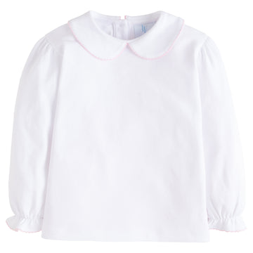 little english classic childrens clothing girls whit blouse with peter pan collar and pink picot trim