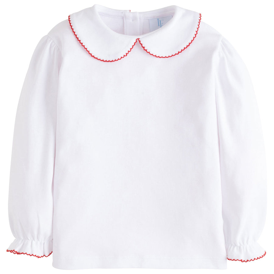 little english classic childrens clothing girls white blouse with peter pan collar and red picot trim