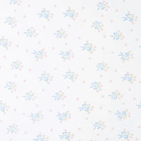 little english classic children's clothing girls pima crib sheet with white background and blue bows with pink floral bouquet all over print 