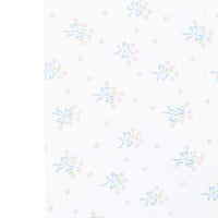 little english classic children's clothing girls pima crib sheet with white background and blue bows with pink floral bouquet all over print 