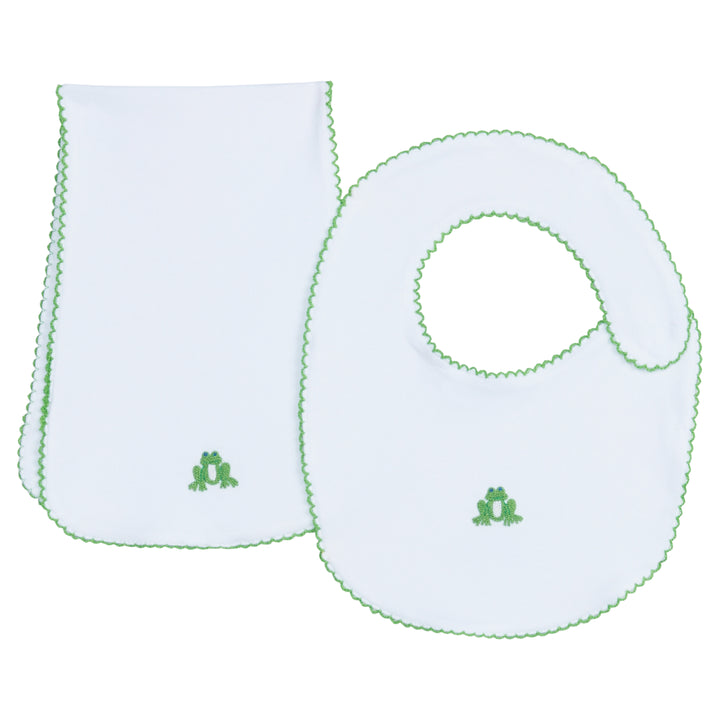 Little English traditional children’s clothing, classic white knit bib and burp cloth set with pinpoint frog and green picot trim
