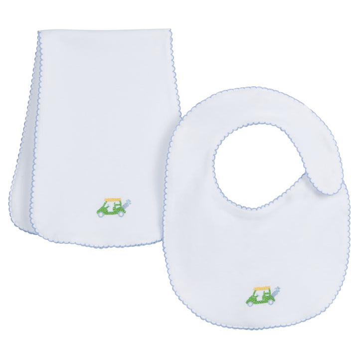 Little English traditional children’s clothing, classic white knit bib and burp cloth set with pinpoint golf cart and light blue picot trim