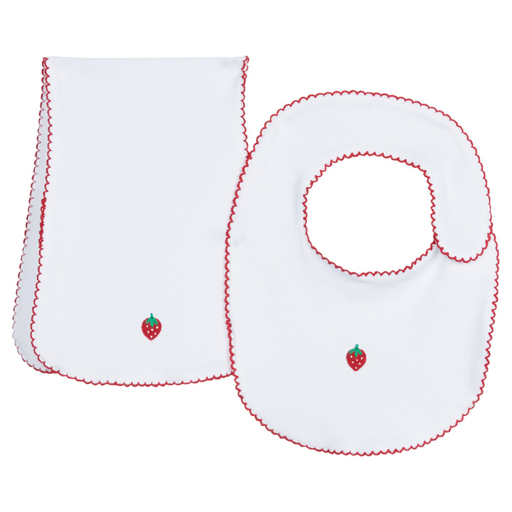 Little English traditional children’s clothing, classic white knit bib and burp cloth set with pinpoint strawberry and red picot trim