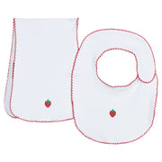 Little English traditional children’s clothing, classic white knit bib and burp cloth set with pinpoint strawberry and red picot trim
