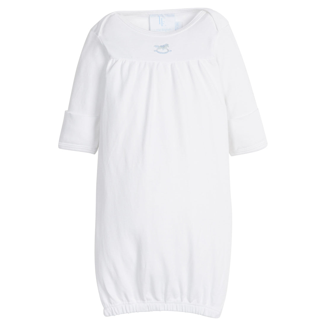 Little English traditional baby gift, white pima cotton long sleeve newborn gown with blue rocking horse embroidered at the center of the chest for baby boy