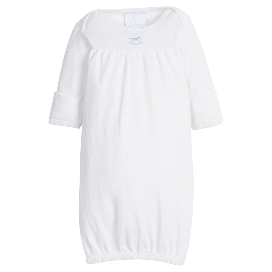 Little English traditional baby gift, white pima cotton long sleeve newborn gown with blue rocking horse embroidered at the center of the chest for baby boy