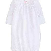 Little English traditional baby gift, white pima cotton long sleeve newborn gown with pink bow embroidered at the center of the chest for baby girl
