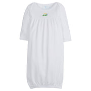 Little English traditional children’s clothing, classic white knit newborn gown with green and yellow pinpoint golf cart