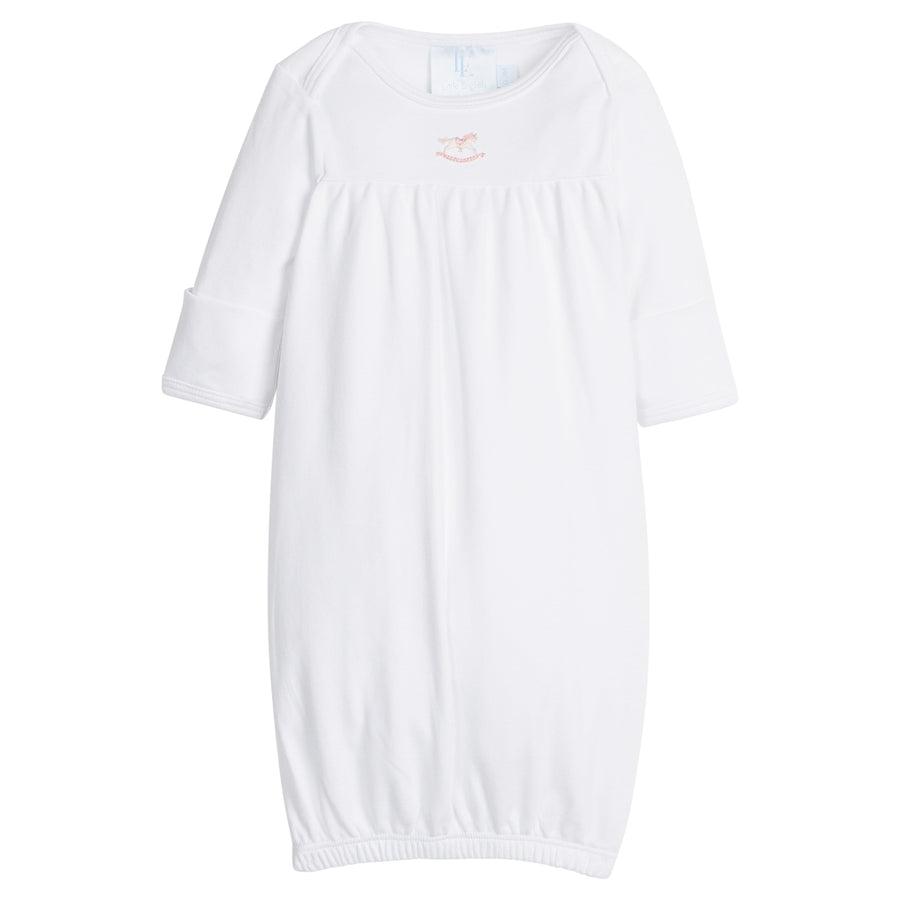 Little English traditional baby gift, white pima cotton long sleeve newborn gown with pink rocking horse embroidered at the center of the chest for baby girl