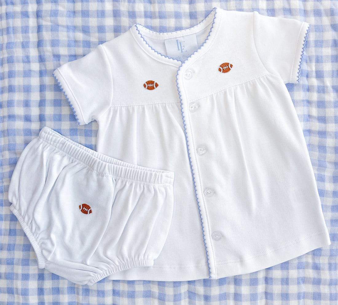 Little English white cotton knit diaper set with brown pinpoint footballs