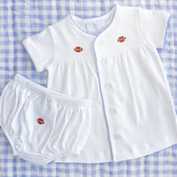 Little English white cotton knit diaper set with brown pinpoint footballs