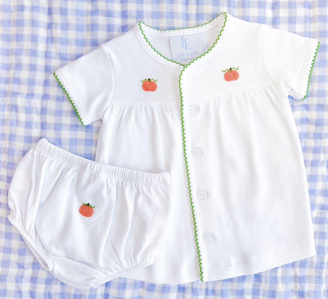 Little English white cotton knit diaper set with orange pumpkins and green picot trim