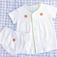 Little English white cotton knit diaper set with orange pumpkins and green picot trim