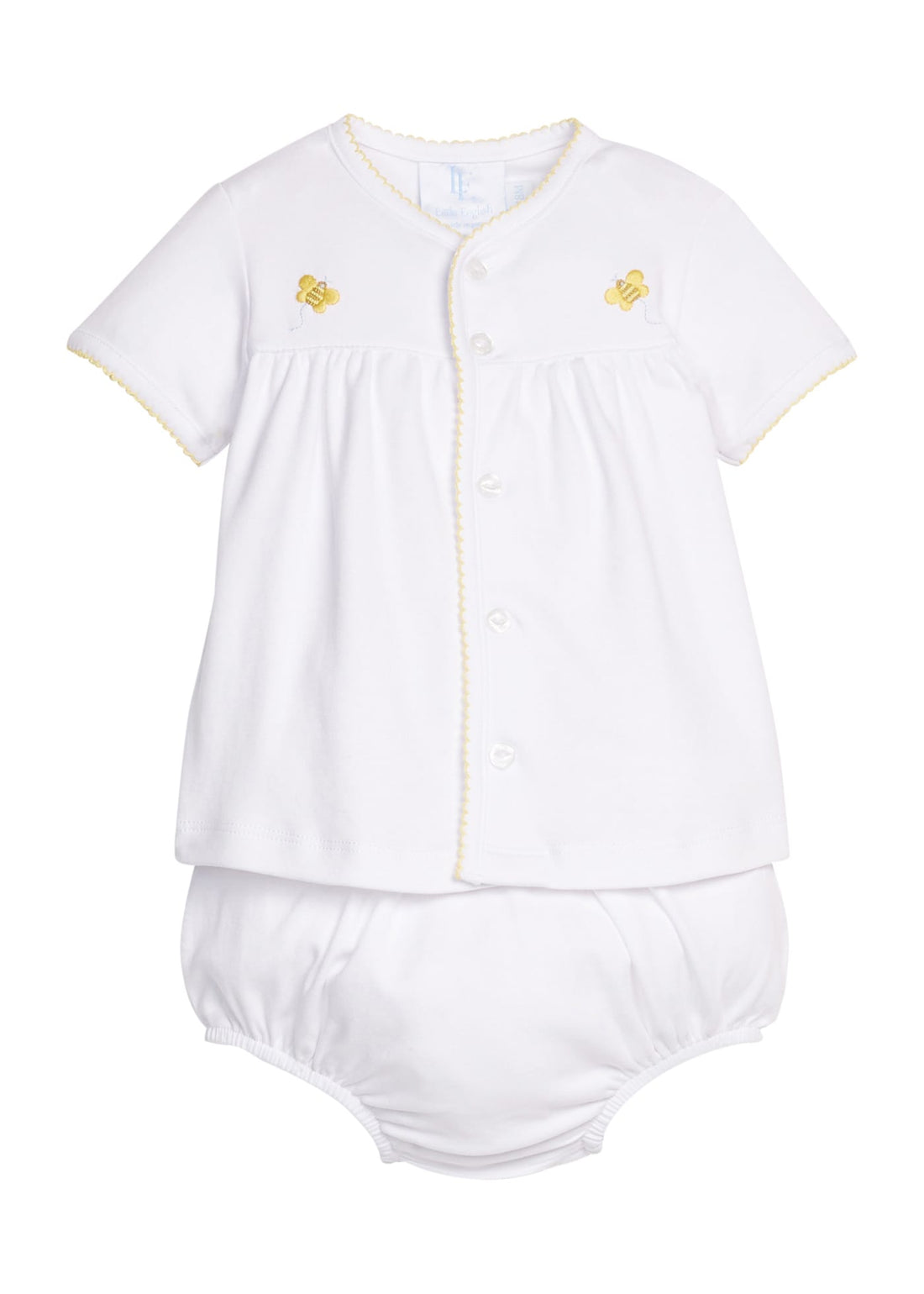 Little English classic pinpoint layette set with bee motifs on chest and back of diaper cover, yellow picot trim, for baby 