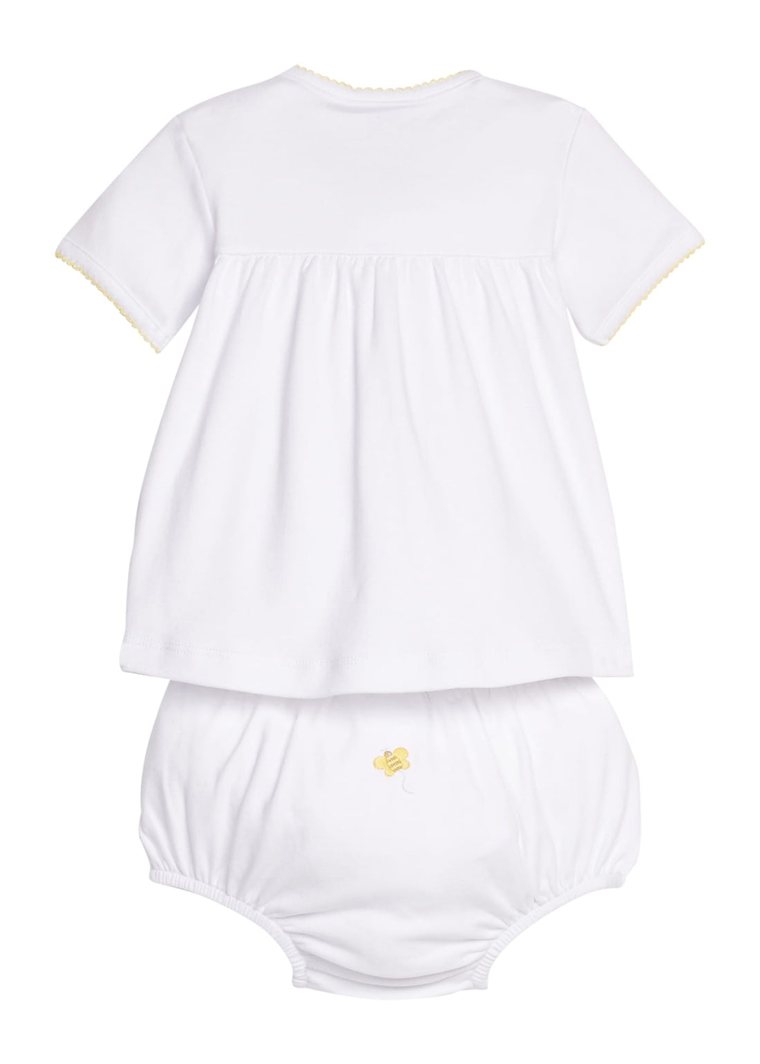 Little English classic pinpoint layette set with bee motifs on chest and back of diaper cover, yellow picot trim, for baby 