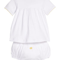 Little English classic pinpoint layette set with bee motifs on chest and back of diaper cover, yellow picot trim, for baby 