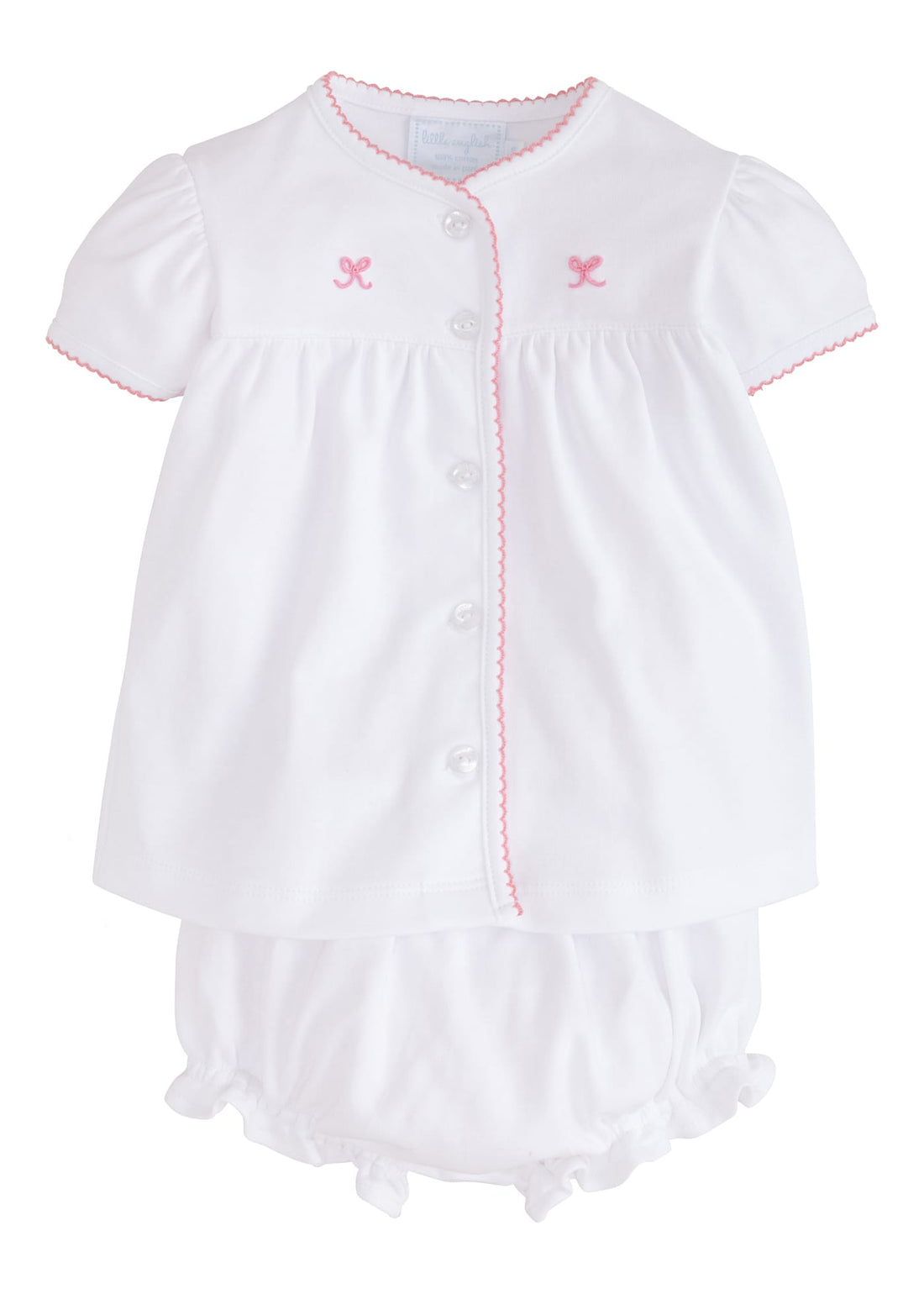 Little English classic and traditional baby clothing, white pima cotton two piece set with light pink picot trim and pink bow embroidery