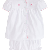 Little English classic and traditional baby clothing, white pima cotton two piece set with light pink picot trim and pink bow embroidery