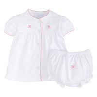 Little English classic and traditional baby clothing, white pima cotton two piece set with light pink picot trim and pink bow embroidery