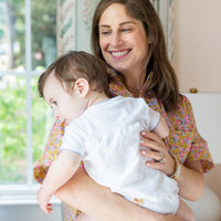 Little English classic children's clothing, white knit set with light blue picot trim and lab embroidery for baby boy.  Classic gift set for baby