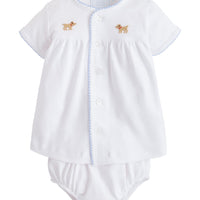 Little English classic children's clothing, white knit set with light blue picot trim and lab embroidery for baby boy.  Classic gift set for baby