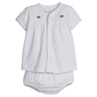 Little English traditional children's clothing.  Football applique white knit set with short sleeve top and diaper cover for baby boys for fall