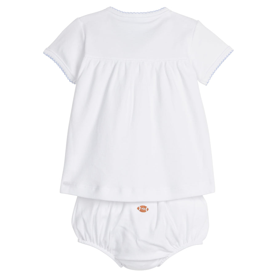 Little English traditional children's clothing.  Football applique white knit set with short sleeve top and diaper cover for baby boys for fall