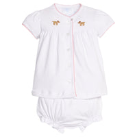 Little English traditional children's clothing.  Girl lab applique white knit set with short sleeve top and diaper cover for baby girls with light pink trim 