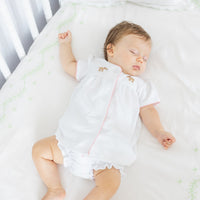 Little English traditional children's clothing.  Girl lab applique white knit set with short sleeve top and diaper cover for baby girls with light pink trim 