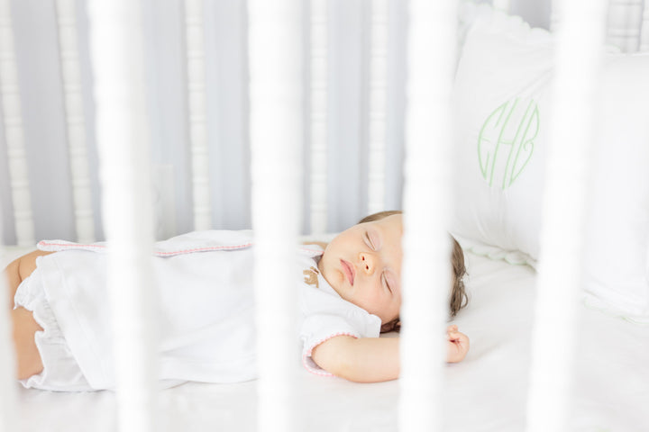 Little English traditional children's clothing.  Girl lab applique white knit set with short sleeve top and diaper cover for baby girls with light pink trim 