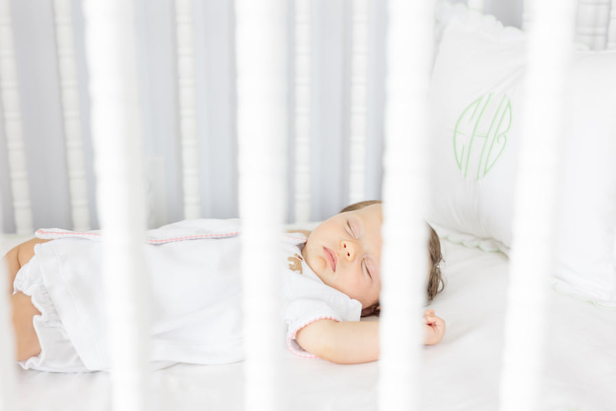 Little English traditional children's clothing.  Girl lab applique white knit set with short sleeve top and diaper cover for baby girls with light pink trim 