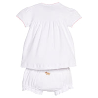 Little English traditional children's clothing.  Girl lab applique white knit set with short sleeve top and diaper cover for baby girls with light pink trim 