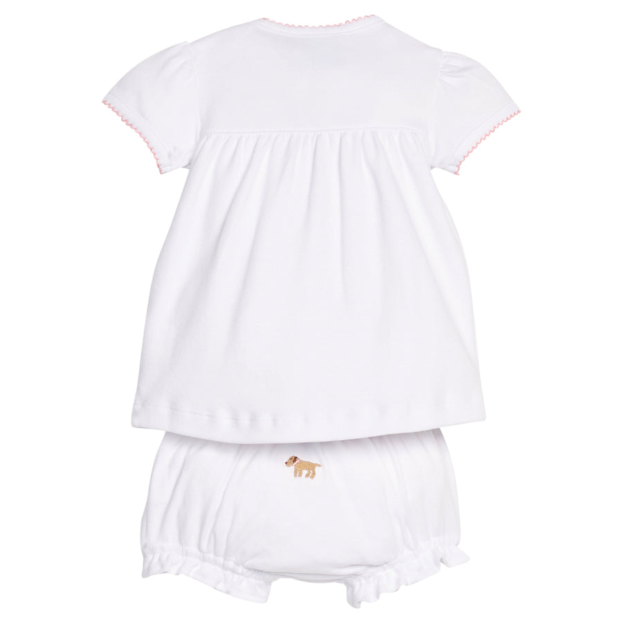 Little English traditional children's clothing.  Girl lab applique white knit set with short sleeve top and diaper cover for baby girls with light pink trim 