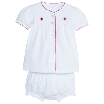 Little English traditional children’s clothing,  classic baby's white knit set for Spring, short-sleeve top and diaper cover with strawberry pinpoint and red picot trim