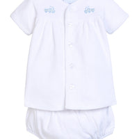 Little English traditional children's clothing.  White pima cotton newborn set with blue train pinpoint embroidery for baby boys.