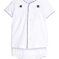 Little English traditional children's clothing.  White pima cotton newborn set with navy helmet & football pinpoint embroidery for baby boys.