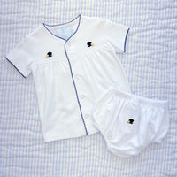 Little English traditional children's clothing.  White pima cotton layette set with navy helmet & football pinpoint embroidery for baby boys.