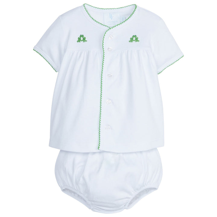 Little English traditional children’s clothing,  classic baby's white knit set for Spring, short-sleeve top and diaper cover with frog pinpoint and green picot trim